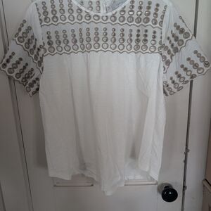 Chico's White and Tan Embroidered Women's Top